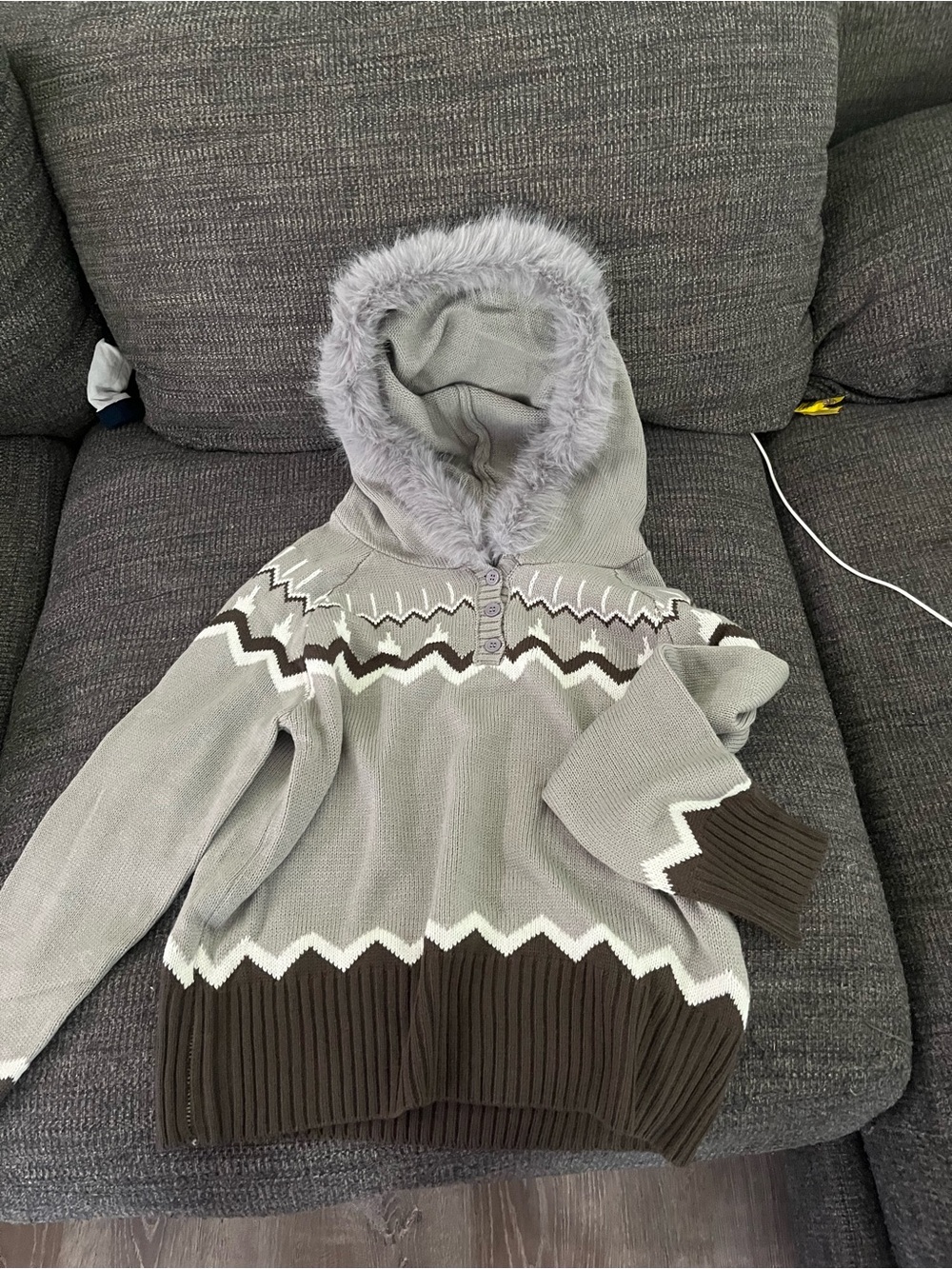 Women's Cowl-Neck Hooded Sweater in Light Gray and Brown
